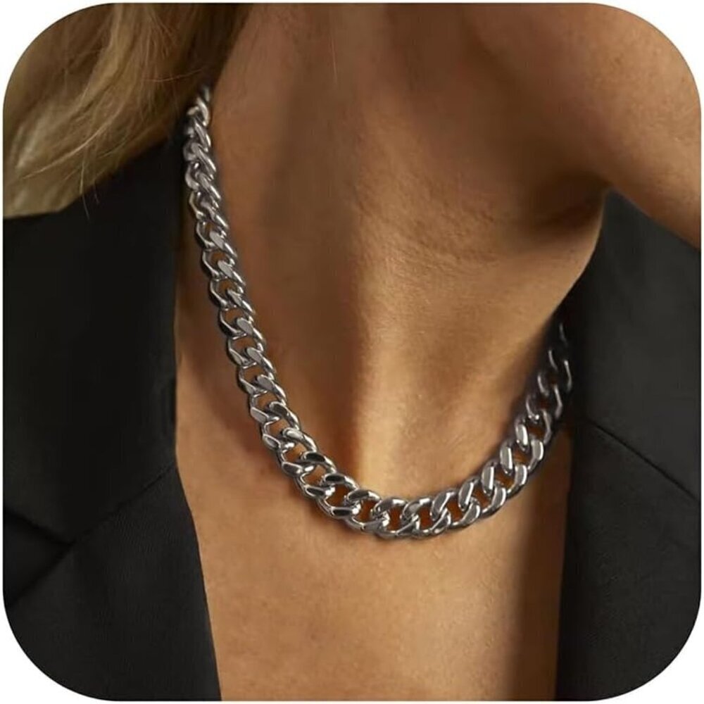 Unisex 18K 13mm- Silver Chunky Cuban Link Curb Chain Necklace Hip Hop Punk